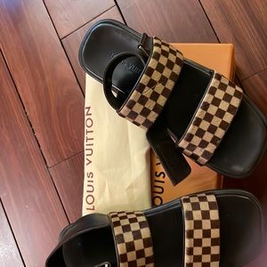 Louis Vuitton Damier Harako Sandals Velcro Brown/Black Sauvage Pony Hair Sandals